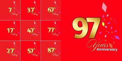 conjunto de números de celebración de aniversario de 7, 17, 27, 37, 47, 57, 67, 77, 87, 97 años vector