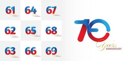 conjunto de números de celebración de aniversario de 61, 62, 63, 64, 65, 66, 67, 68, 69, 70 años vector