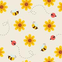 Seamless pattern with cute bees, ladybug, and flowers vector