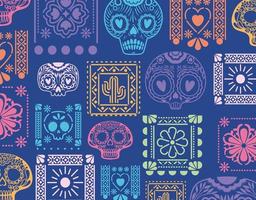 Mexican blue background with skulls and flowers vector design