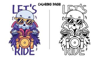 Skull Rides A Gold Motorcycle Coloring Page vector