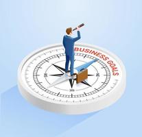 Businessman stands on the compass and holds binoculars. Isometric vector illustrations concept.