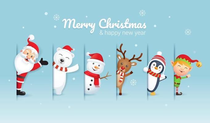 Merry christmas and happy new year background. Santa claus and friends on blue color vector illustration.