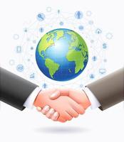 Business partnership conceptual design. Business handshake with globe earth background. vector