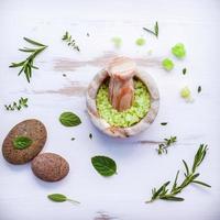 Peppermint bath salt in a mortar photo