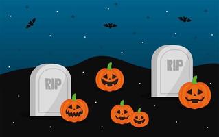 Halloween pumpkins with graves and bats vector design