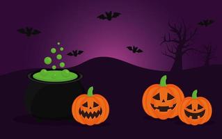 Halloween pumpkins with witch cauldron and bats vector design