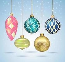 Christmas balls ornaments hanging on gold thread. Vector illustrations.