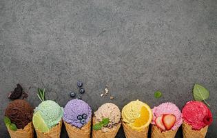 Ice cream and coy space on a gray background photo