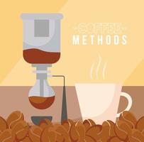 métodos de café con sifón, máquina, taza y diseño vectorial de frijoles vector