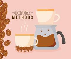 coffee methods with pot, cup, and beans vector design