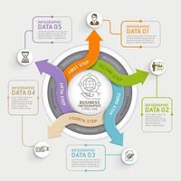 Plantilla de infografías de círculo de flecha de 5 pasos. ilustración vectorial. se puede utilizar para diseño de flujo de trabajo, diagrama, opciones numéricas, diseño web y línea de tiempo. vector