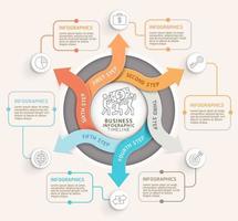 Plantilla de infografías de círculo de flecha de 6 pasos. ilustración vectorial. se puede utilizar para diseño de flujo de trabajo, diagrama, opciones numéricas, diseño web y línea de tiempo. vector