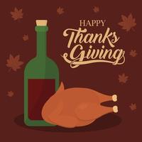 happy thanksgiving day with wine and chicken vector design