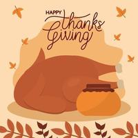 happy thanksgiving day with chicken honey and leaves vector design