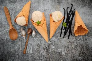 Vanilla bean ice cream top view with fresh vanilla photo