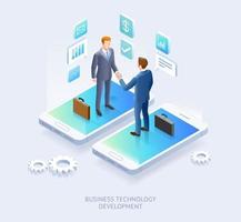 Business partnership conceptual design. Businessman handshake together on top mobile phone vector isometric illustration