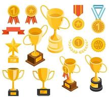 Golden trophy and medal material icons. Vector illustrations.