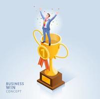 Business win conceptual design vector. Businessman standing on top trophy cup. vector