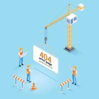 Construction crane hanging 404 error page not found and web site under construction or maintenance concept. Isometric vector illustration.