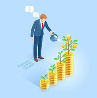Business growth concept. Business man with pot watering money tree. Vector Isometric illustrations.