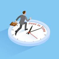 Business time concepts. Businessman running with clock. Isometric vector illustration.