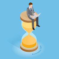 Business time concepts. Businessman running with clock. Isometric vector illustration.