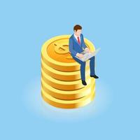 Businessman sitting on gold coins. Isometric vector illustration.