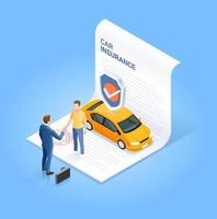 Car insurance services. Businessman shaking hand with customer on insurance contract document. Vector isometric illustration.