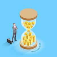 Business time management concepts. businessman standing and looking to sandglass or hourglass. Isometric vector illustration.