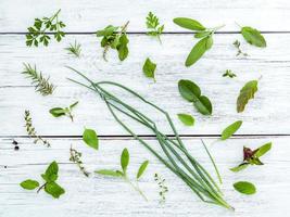 Fresh herbs on a white wooden background photo