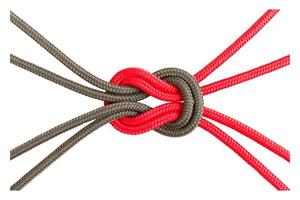 Different ropes tied together isolated on a white background photo