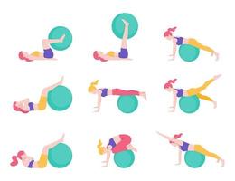 Women fitness exercise ball workout posture vector illustrations.