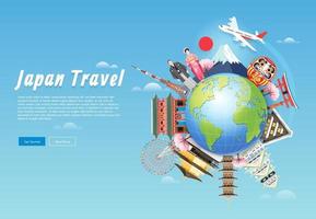 Japan famous landmarks around globe travel background vector