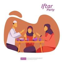 Moslem family dinner on Ramadan Kareem or celebrating Eid with people character. Iftar Eating After Fasting feast party concept. web landing page template, banner, presentation, social or print media vector