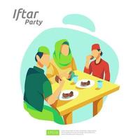 Moslem family dinner on Ramadan Kareem or celebrating Eid with people character. Iftar Eating After Fasting feast party concept. web landing page template, banner, presentation, social or print media vector