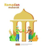 feliz ramadan mubarak y eid fitr islámico o adha concepto de saludo de diseño plano con carácter de personas para plantilla de página de destino web, banner, presentación, redes sociales y medios impresos vector