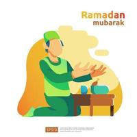 feliz ramadan mubarak y eid fitr islámico o adha concepto de saludo de diseño plano con carácter de personas para plantilla de página de destino web, banner, presentación, redes sociales y medios impresos vector