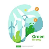 green clean energy sources with renewable electric sun solar panel and wind turbines. environmental concept for web landing page template, banner, presentation, social, and print media vector