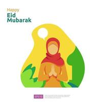 Happy eid mubarak or ramadan greeting with people character. islamic design illustration concept for template for web landing page, social, poster, ad, promotion, print media, banner or presentation vector