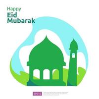 Happy eid mubarak or ramadan greeting with people character. islamic design illustration concept for template for web landing page, social, poster, ad, promotion, print media, banner or presentation vector