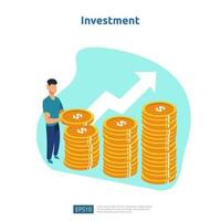 rendimiento financiero del retorno de la inversión roi. Ilustración de concepto de aumento de tasa de salario de ingresos con carácter de personas y flecha. crecimiento de las ganancias comerciales, la venta aumenta los ingresos del margen con el símbolo del dólar vector