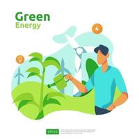 fuentes de energía verde limpia con paneles solares solares eléctricos renovables y turbinas eólicas. concepto ambiental para plantilla de página de destino web, banner, presentación, medios sociales e impresos vector