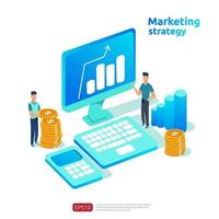 crecimiento empresarial y retorno de la inversión roi. concepto de estrategia de marketing digital con mesa, objeto gráfico en la pantalla de la computadora. gráfico aumentar las ganancias. banner de estilo plano ilustración vectorial vector