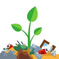 sprout grows on a pile of garbage. pollution of nature. Flat vector illustration.