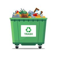 The green trash can is full of waste. flat vector illustration