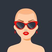 chica calva de moda con gafas y labios rojos. victoria sobre el cáncer. Ilustración de vector de personaje plano.