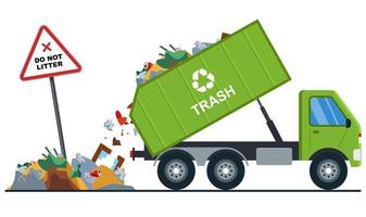 camión tira basura en el lugar equivocado. contaminación de la naturaleza. ilustración vectorial plana