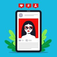 photo of the girl in social networks on mobile phones. put likes, hashtags under the photo and add to friends. Flat vector illustration.