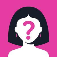 girl with a question mark on her face on a pink background. hide your face. flat vector illustration.